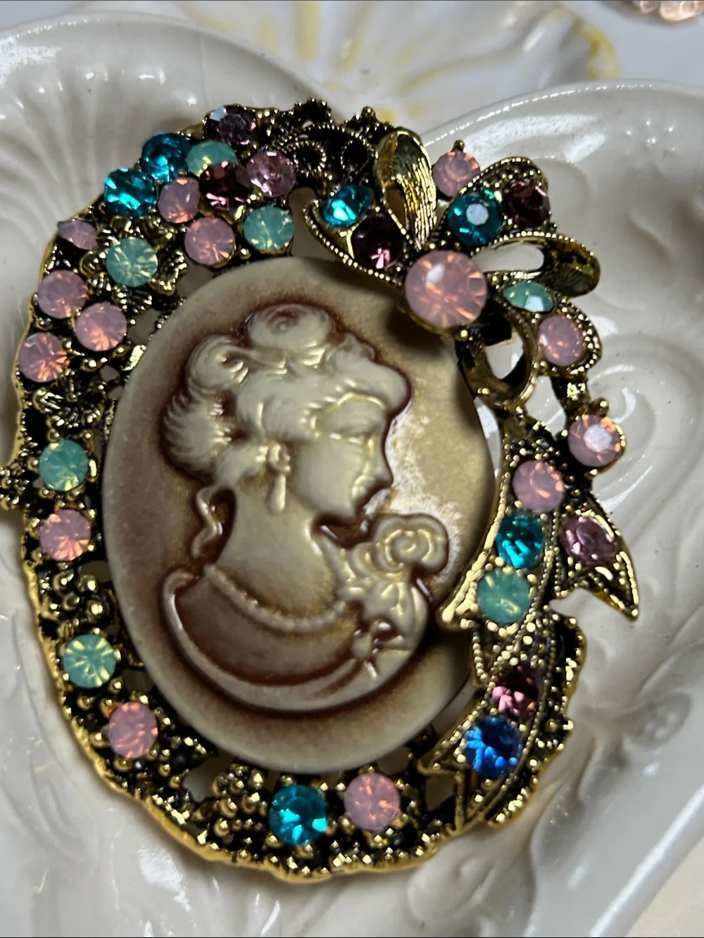 Vintage-Style Gold Cameo Brooch with Pink, Teal & Purple Crystals